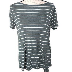 Pink Clover Women's Size Small Green White Striped Button Back Short Sleeve Top